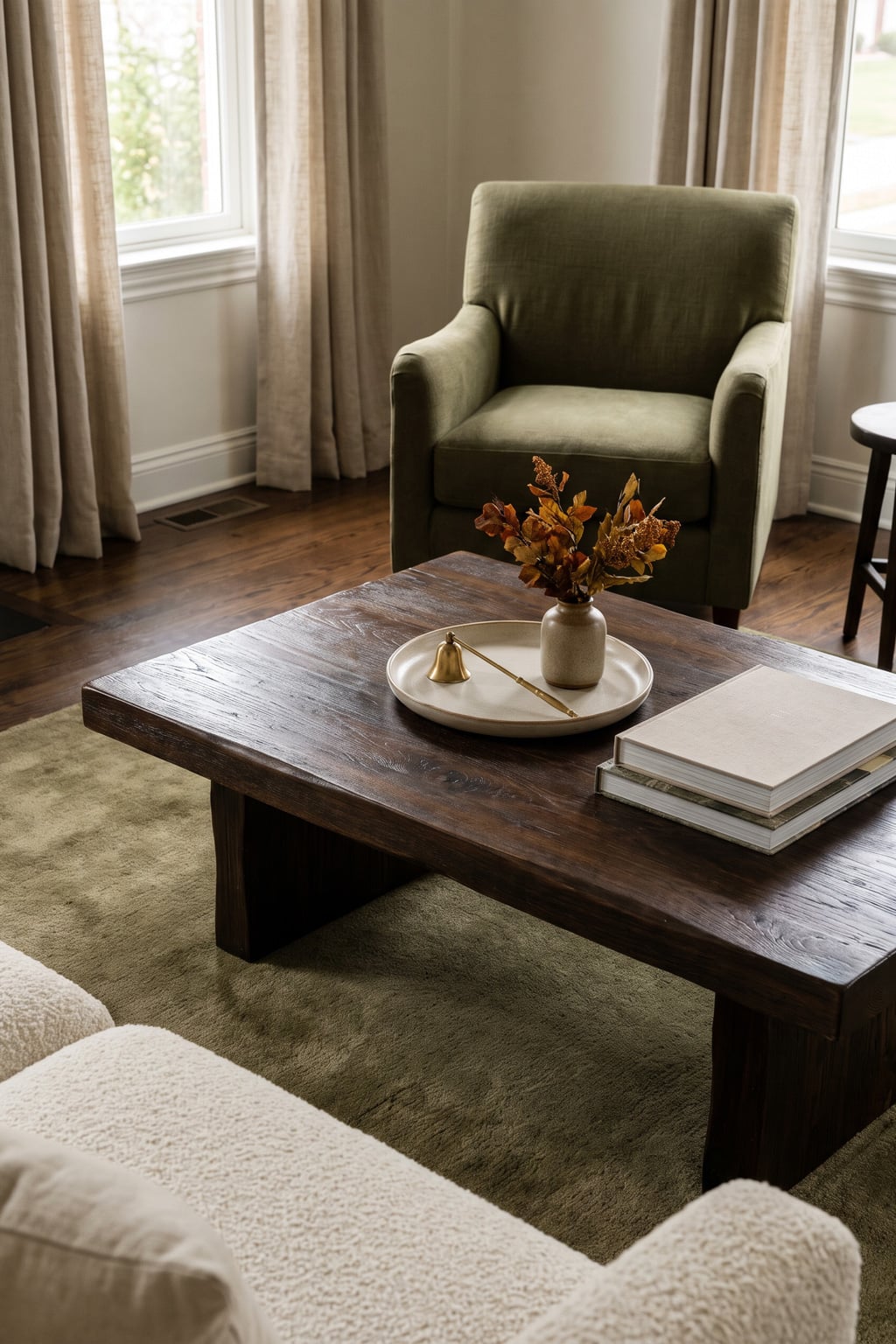olive green and cream living room decor idea 3 Dark Espresso Wood Coffee Table