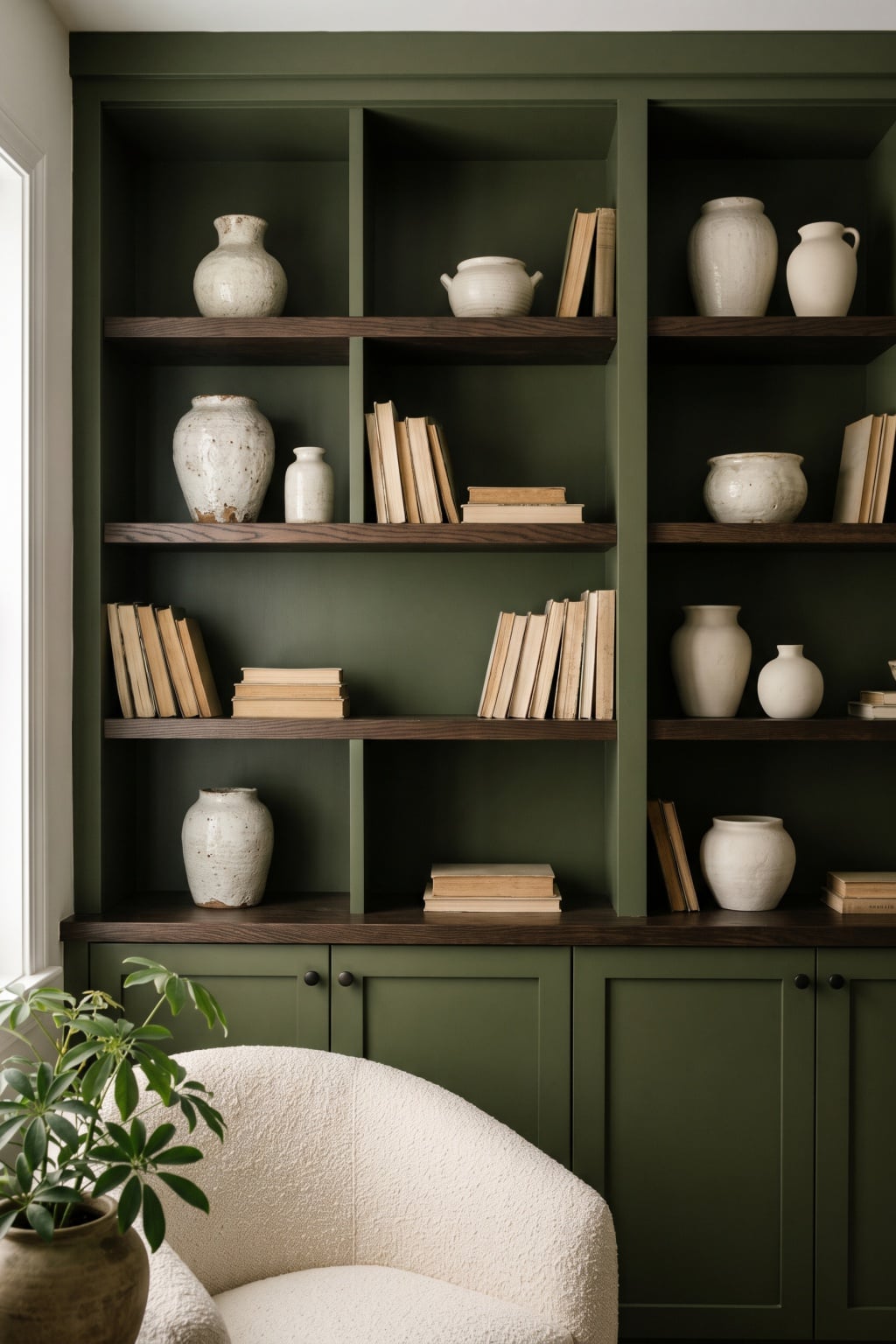 olive green and cream living room decor idea 5 Ceramics Wood Cabinetry