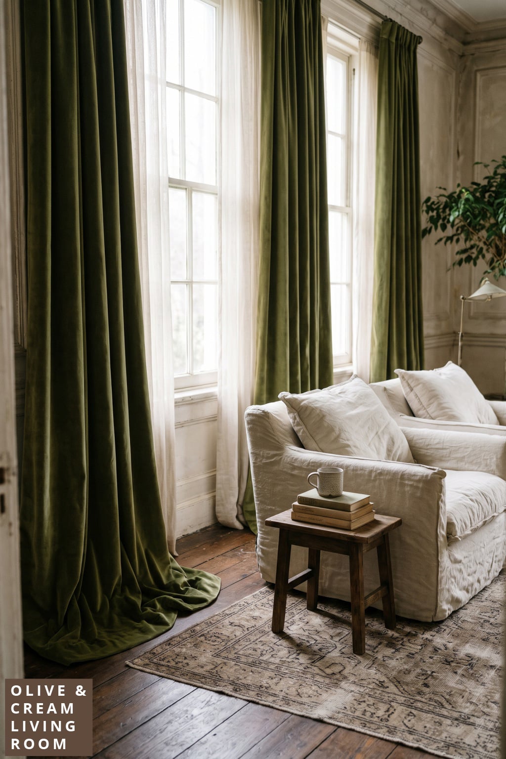 olive green and cream living room decor idea 6 Heavy Curtains