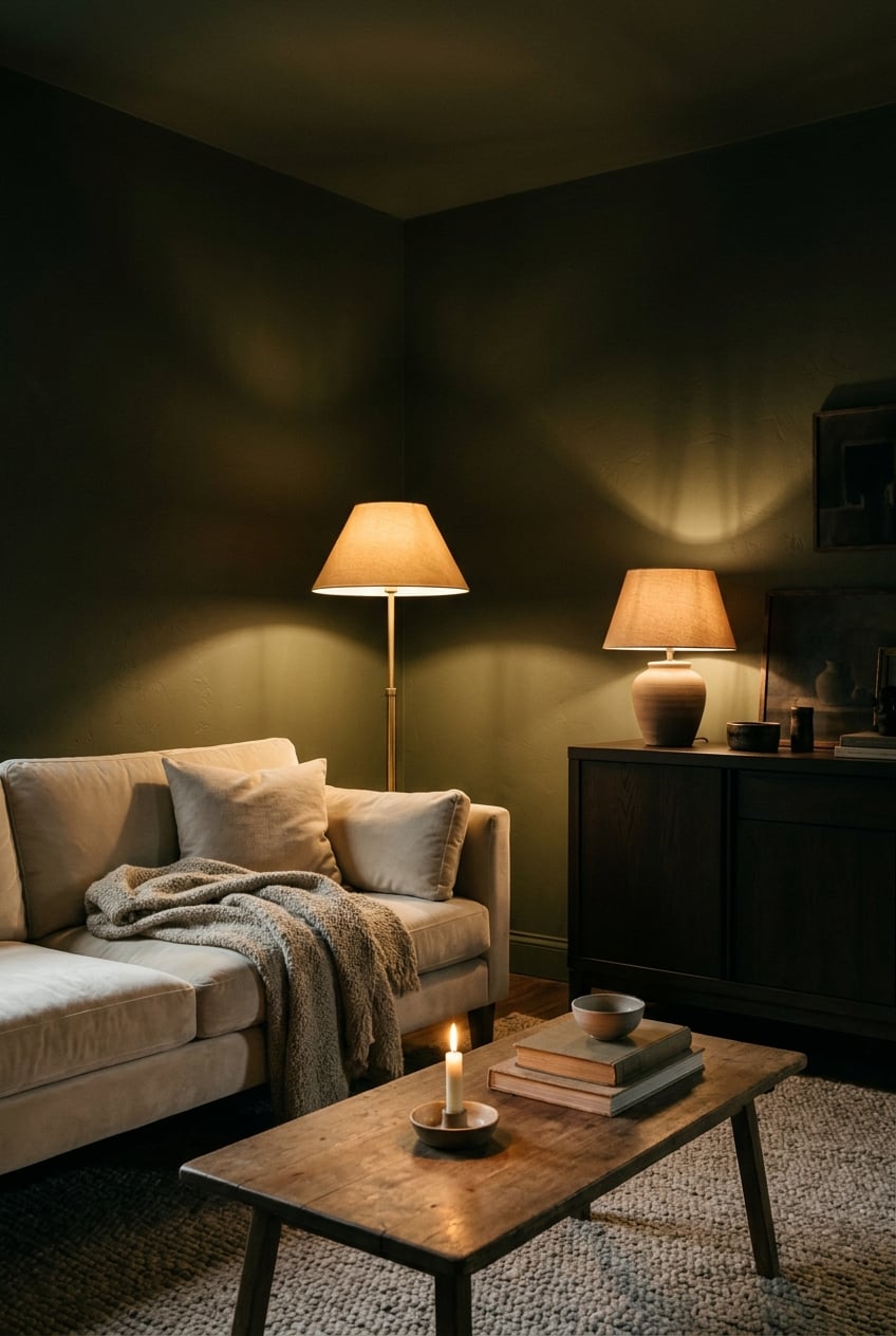 olive green and cream living room decor idea 7 Warm Ambient Lighting