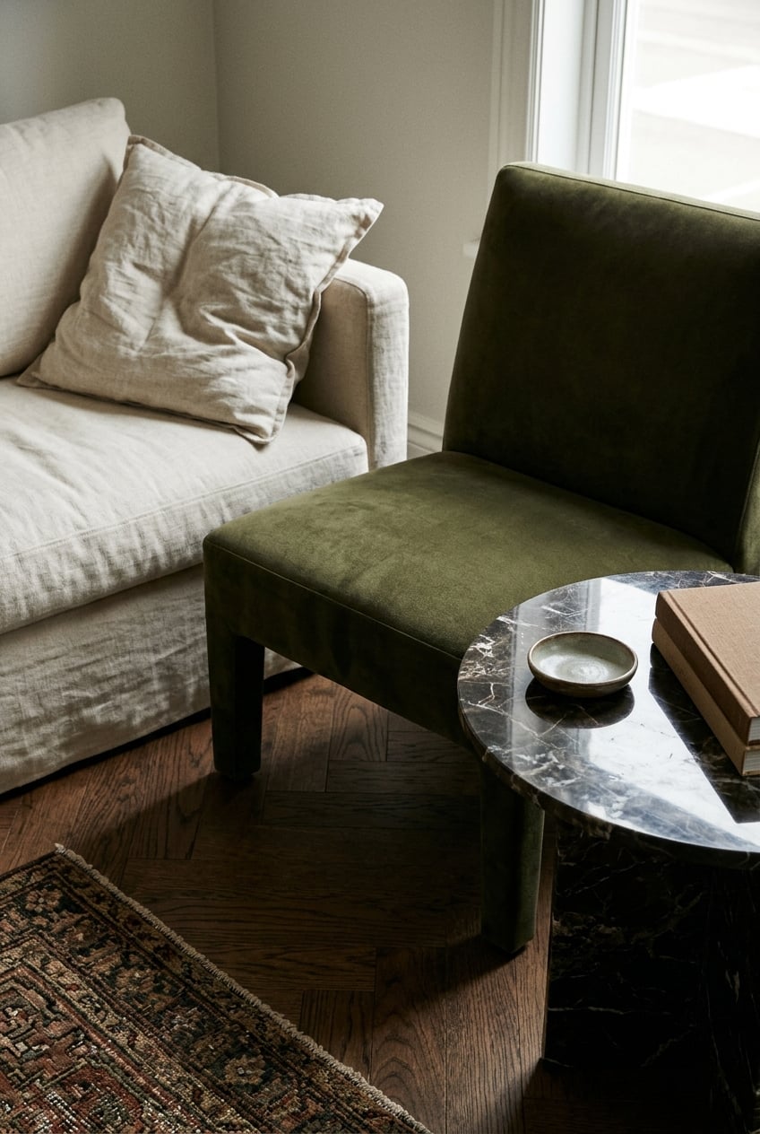 olive green and cream living room decor idea 8 High Contrast Styling