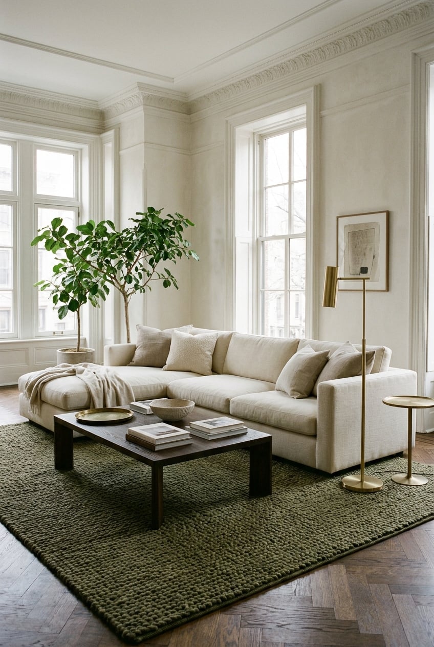 olive green and cream living room decor idea 9 Oversized Rug